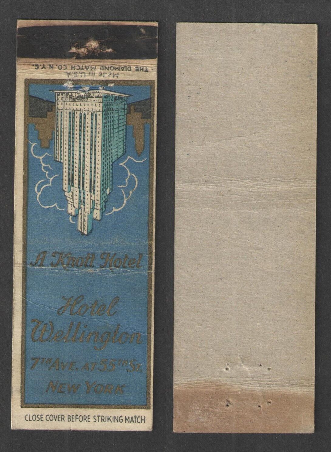 HOTEL WELLINGTON { A KNOLL HOTEL } NEW YORK NY MATCHBOOK COVER