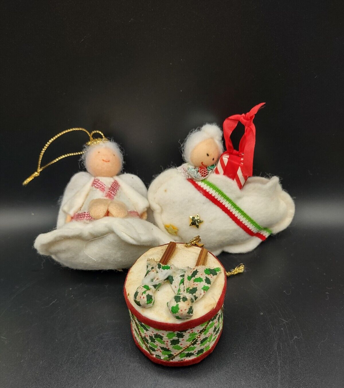 Vtg Russ & Berries Flocked Felt Christmas Ornament Angels Fabric Drum Set Of 3