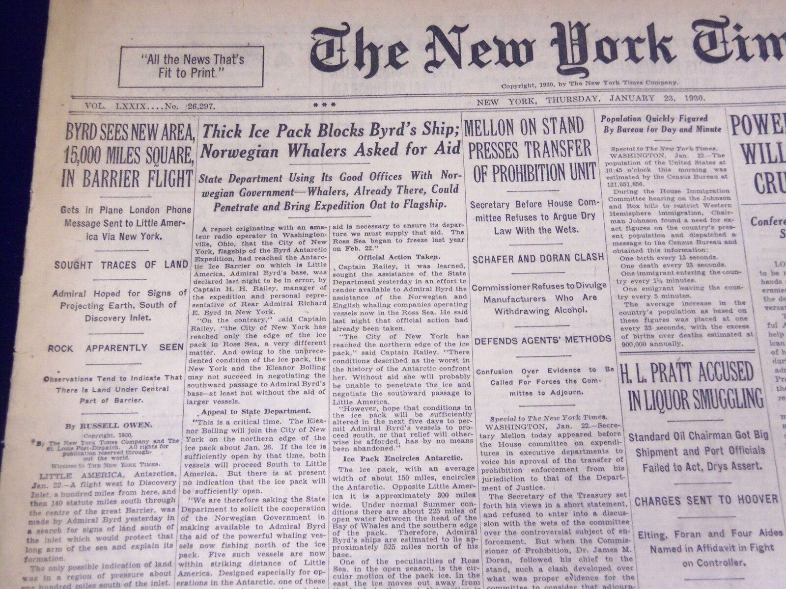 1930 JANUARY 23 NEW YORK TIMES - BYRD SEES NEW AREA SHIP BLOCKED - NT 1671