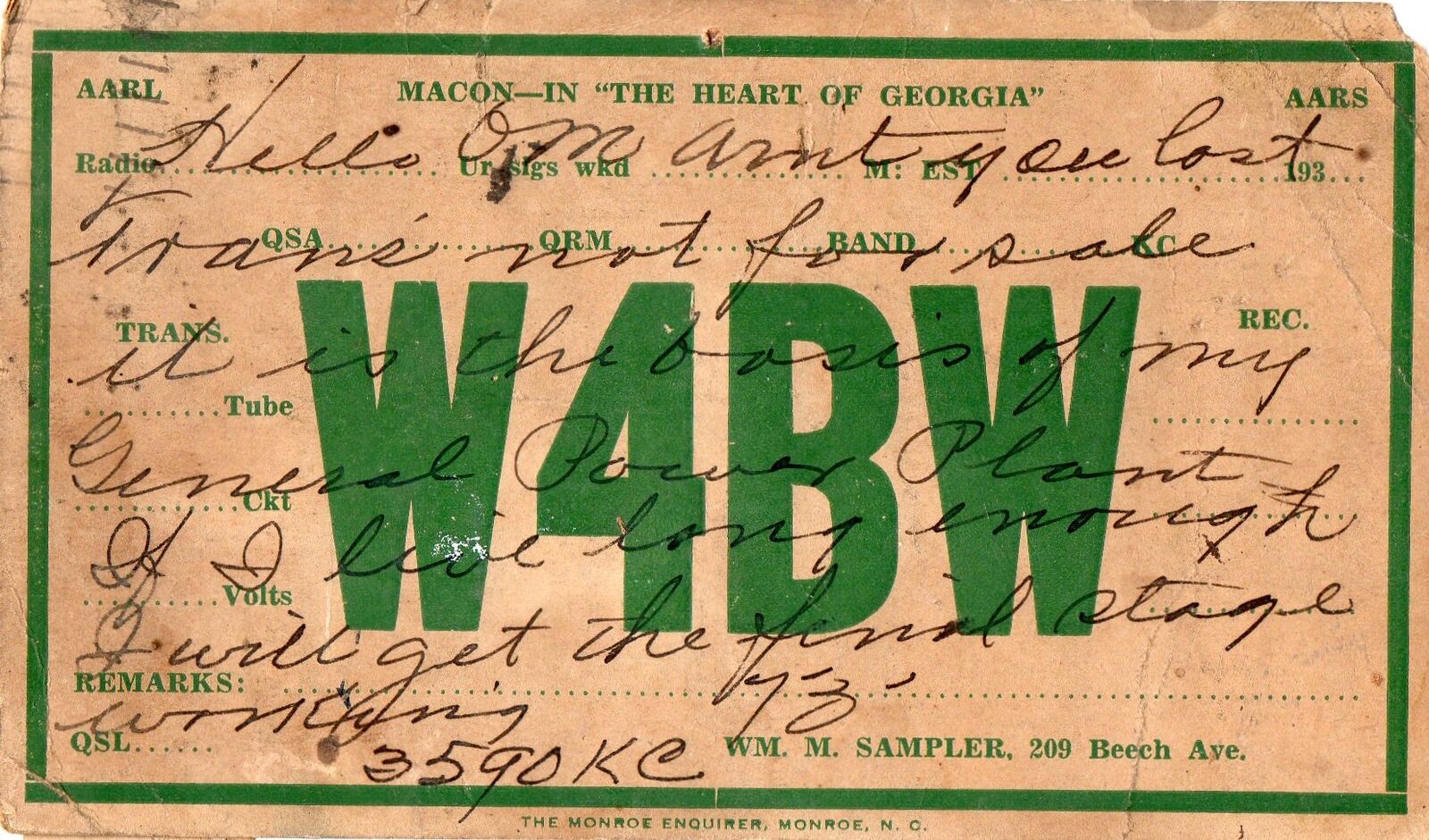 W4BW QSL Card--Macon, Georgia--1934