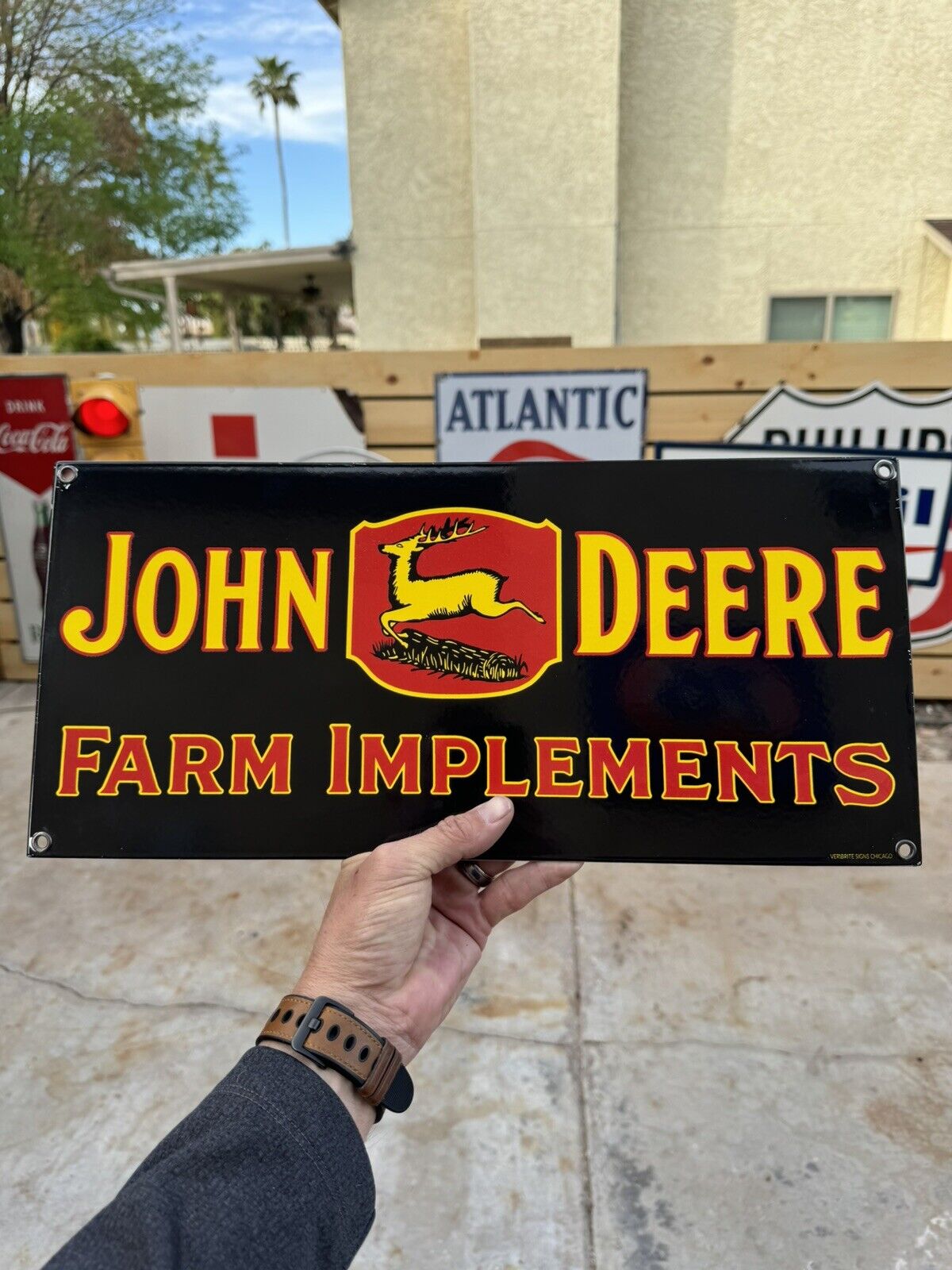 Vintage John Deere Quality Farm Advertising Porcelain Sign Rare Size 17 3/4”