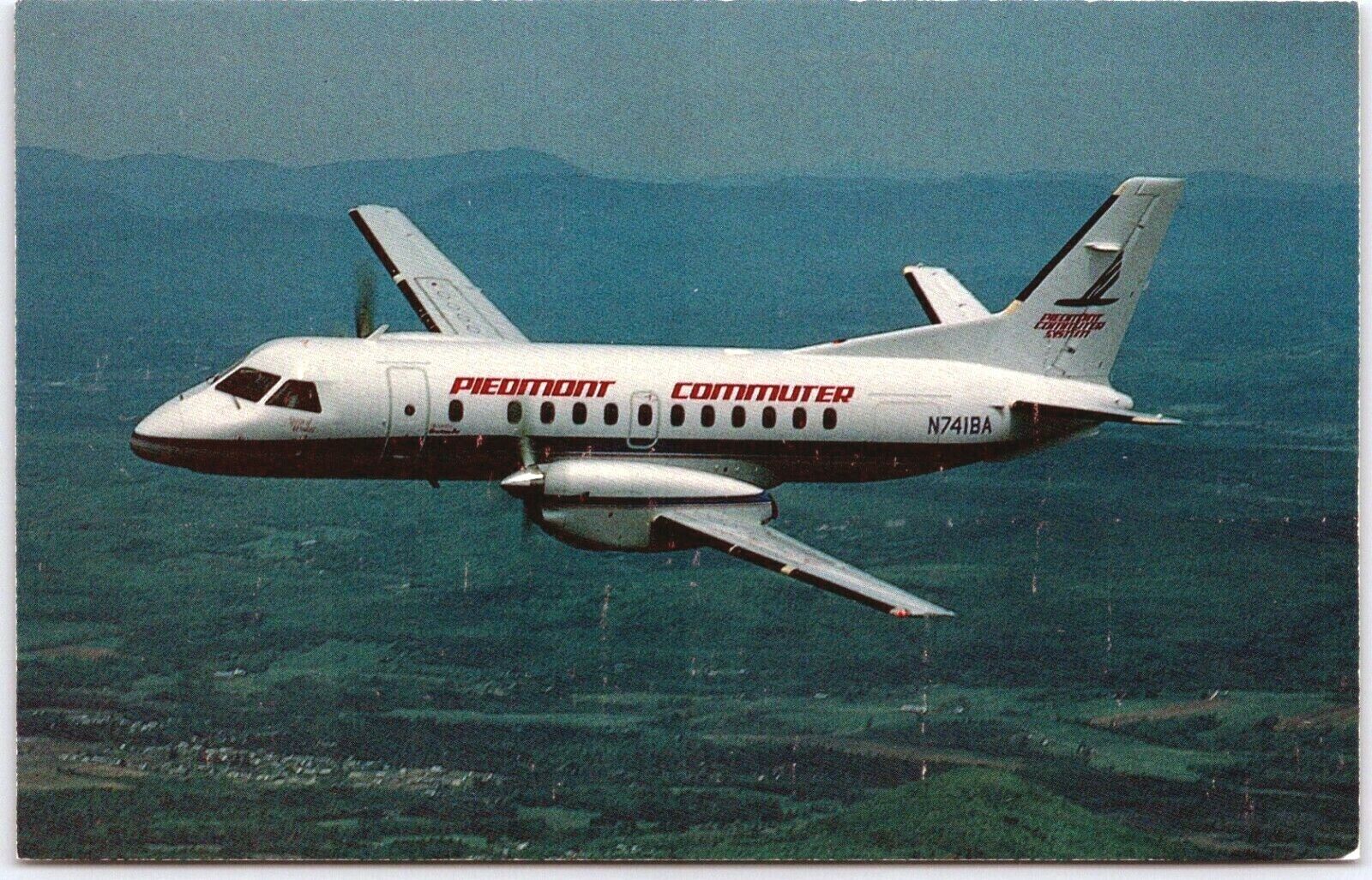 Postcard Aircraft Piedmont Commuter Airlines SAAB 340A Two Engine Prop Flying