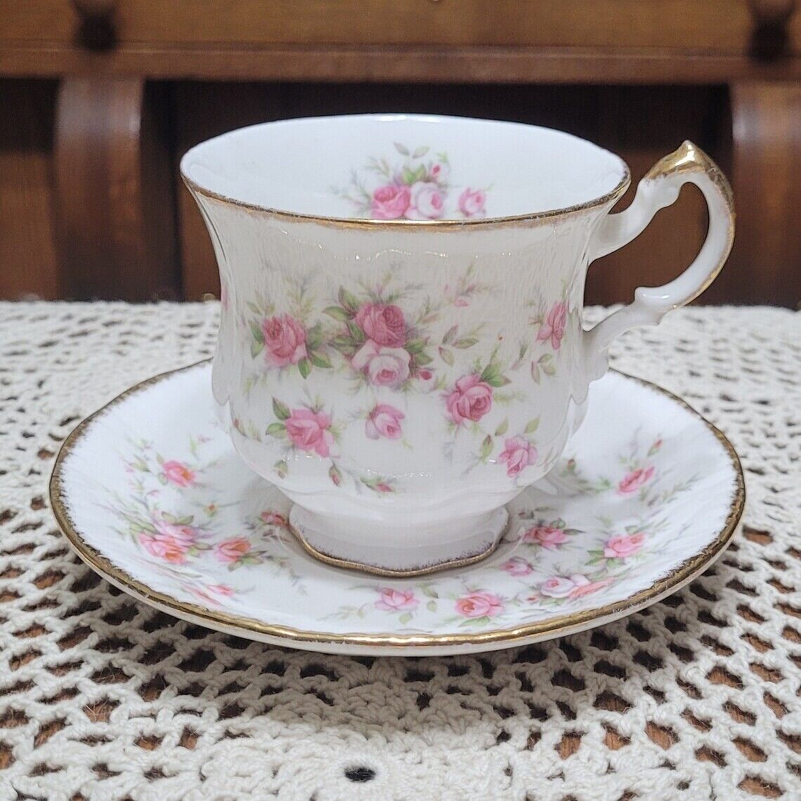 Paragon China Victoriana Rose Footed Teacup and Saucer Set, Gold Trim *See Note