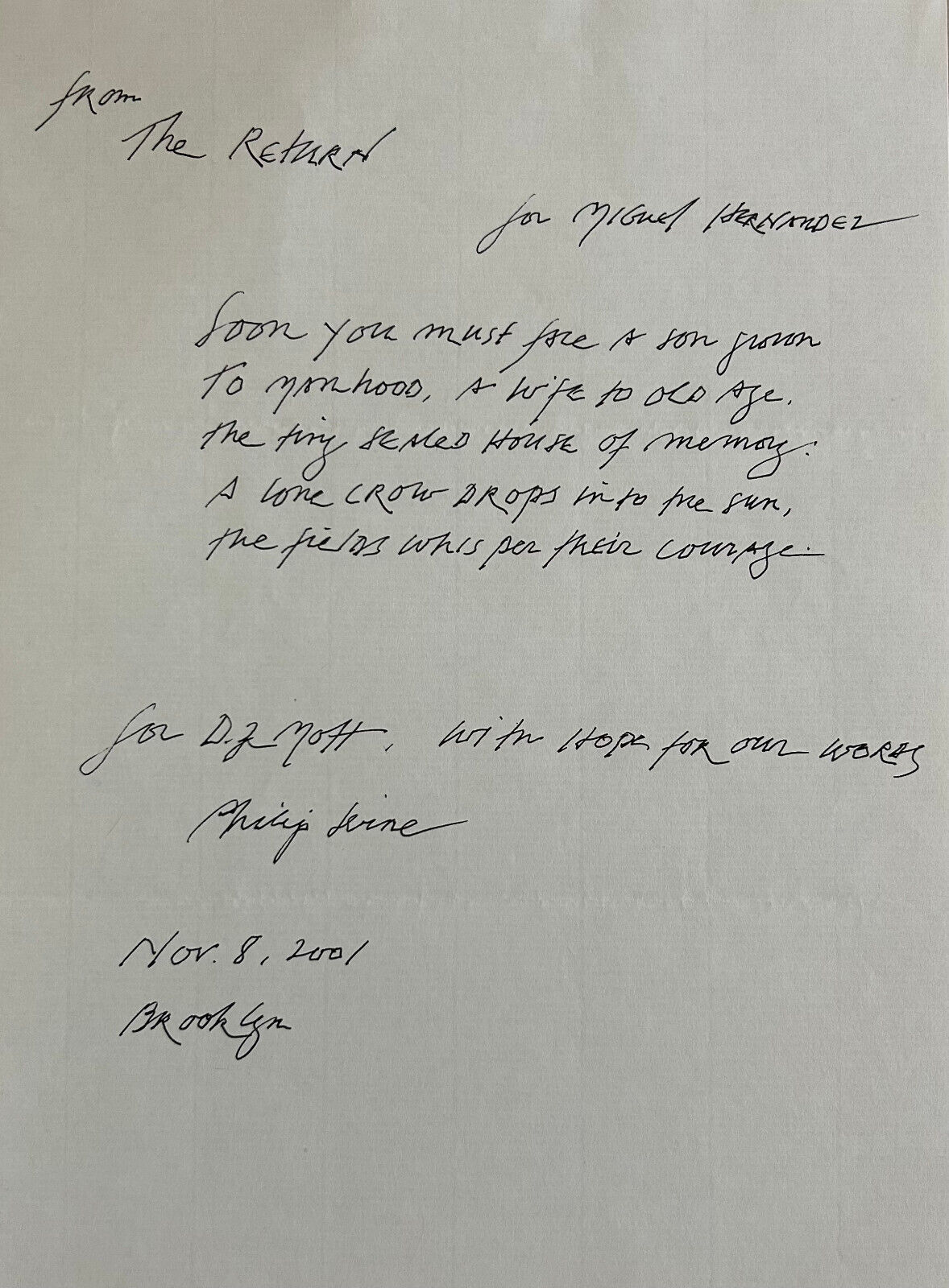 Philip Levine (Pulitizer Prize Poetry 1995) Hand Autographed Signed Poem 2001