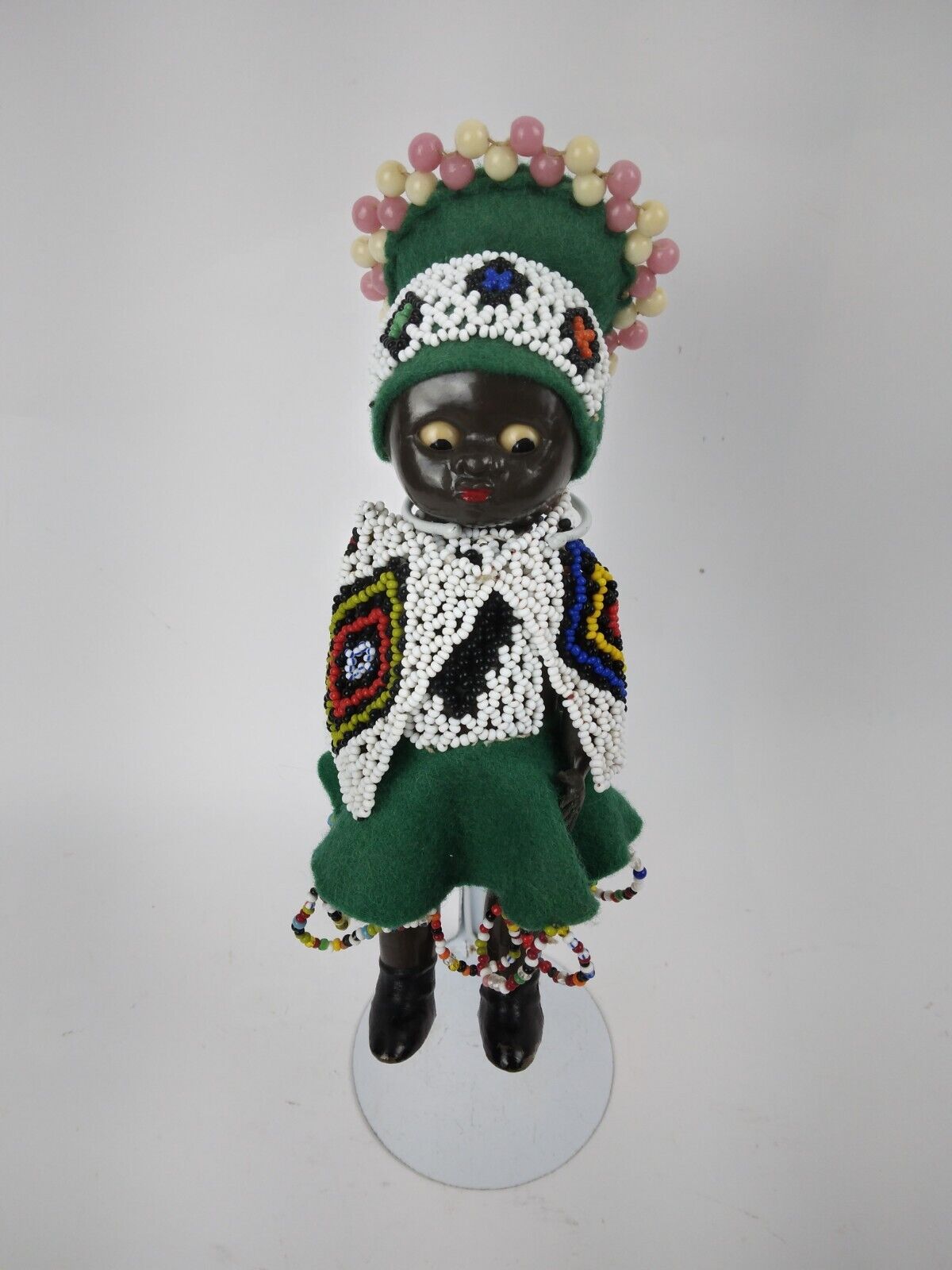 Vintage 1950\'s Celluloid African Tribal Zulu Dolls Beaded Sleep Eyes W/ Stand