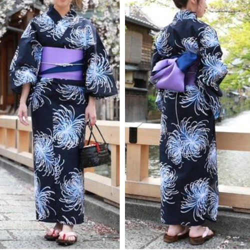 Japanese Womens' Yukata Obi Footwear 3pcs Set Rangiku Blue Summer Kimono