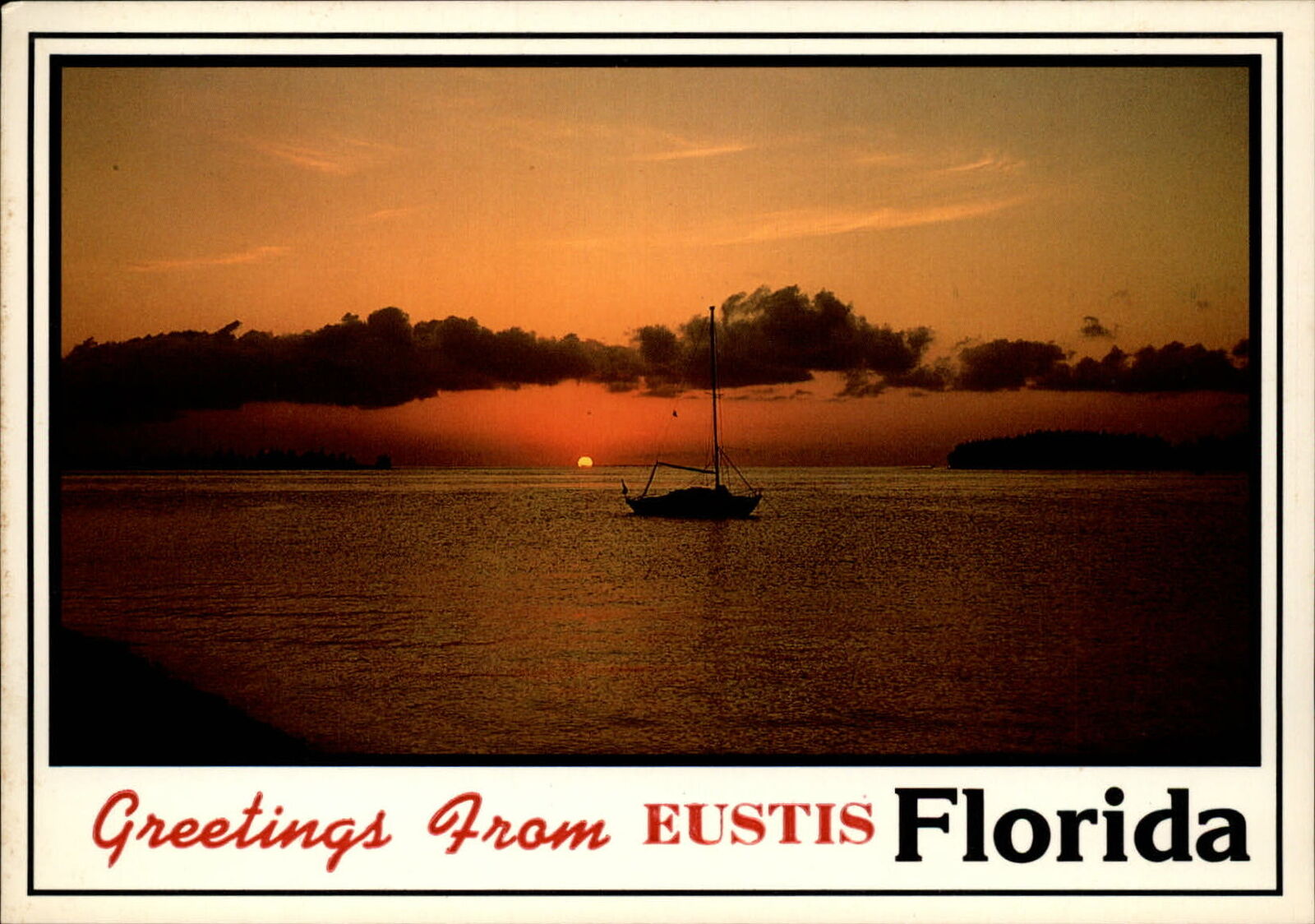 Greetings from Eustis Florida FL ~ sunset sailboat ~ unused vintage postcard