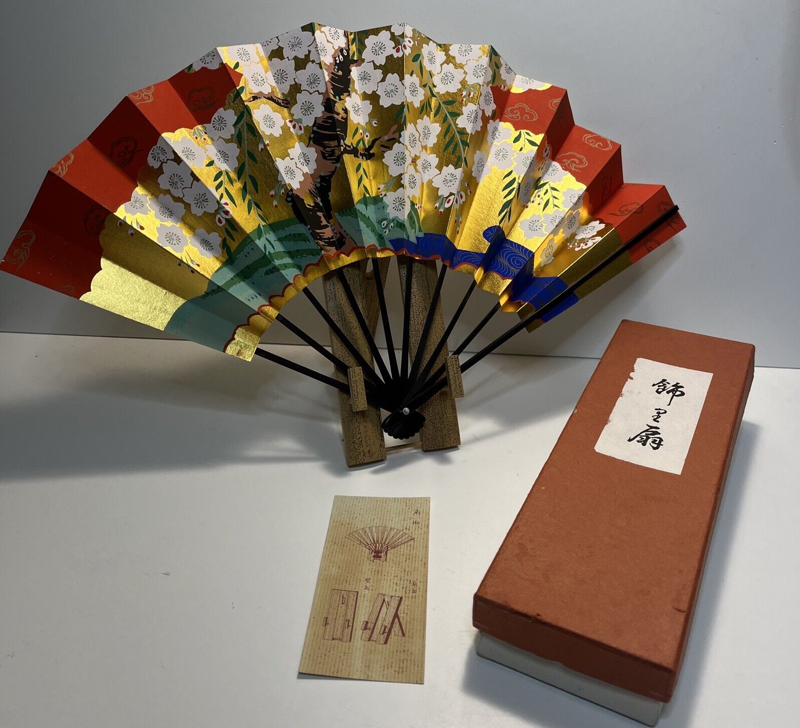 Kyoto Gold Sensu Sakura Japanese Folding Fan w/Stand Cherry Blossoms From Japan