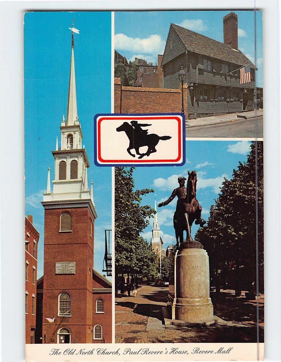 Postcard The Old North Church, Paul Revere\'s House & Revere Mall Boston MA