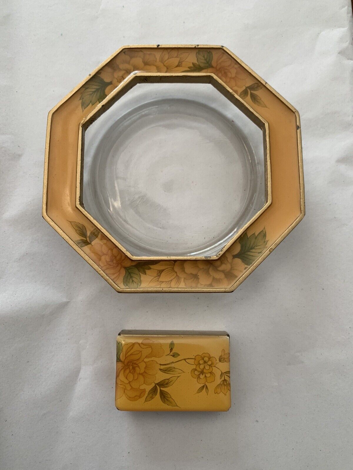 Vintage Set of Floral Themed Mid Century Modern Glass Ashtray and Match Box