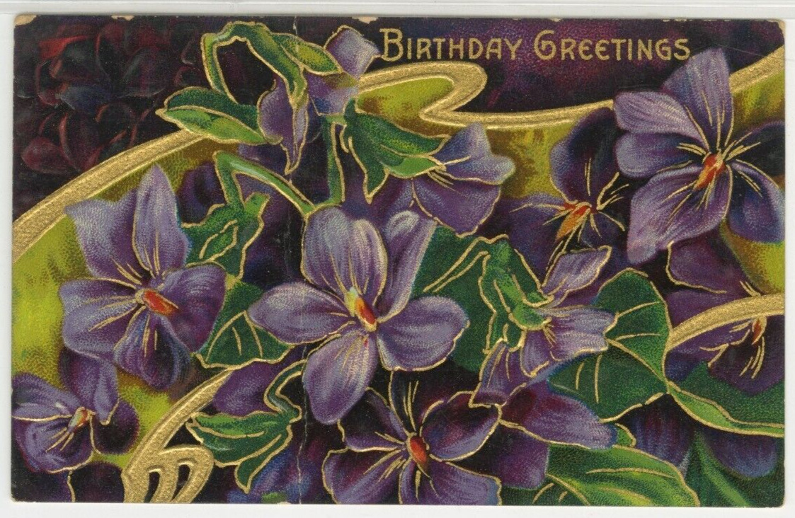 Birthday Wishes Postcard Purple Violet Flowers 1909 vintage G10