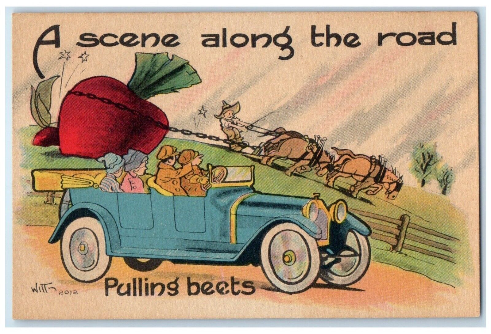 c1910\'s Pulling Exaggerated Beet Scene Along The Road Car Witt Signed Postcard