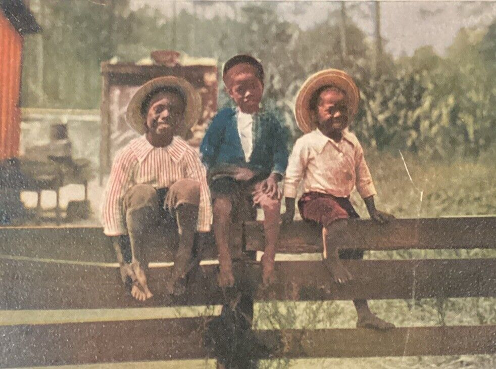 Vintage Black Americana Postcard - Cute Children On Fence Antique