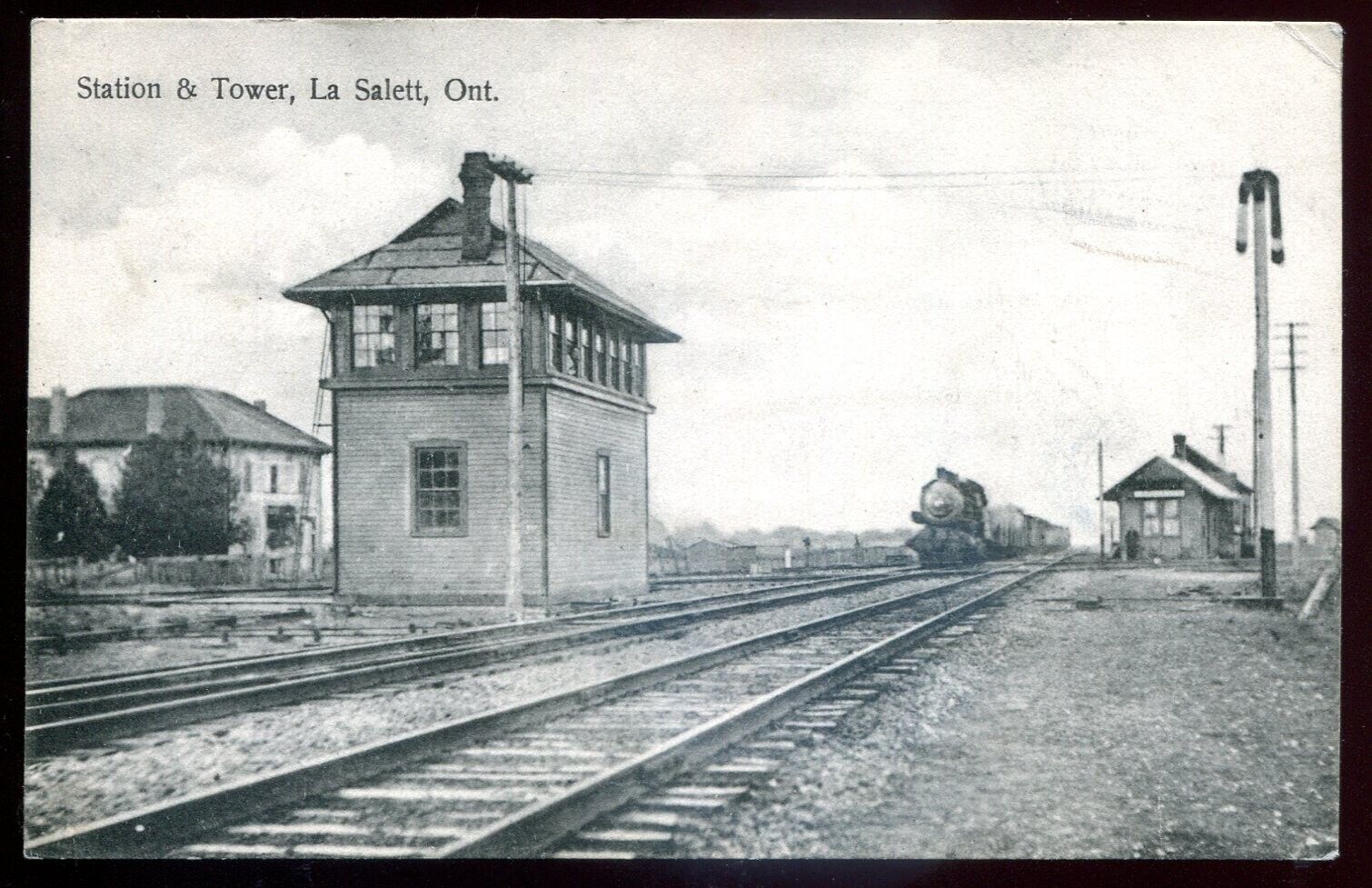 LA SALETT Ontario Postcard 1919 Train Station & Tower
