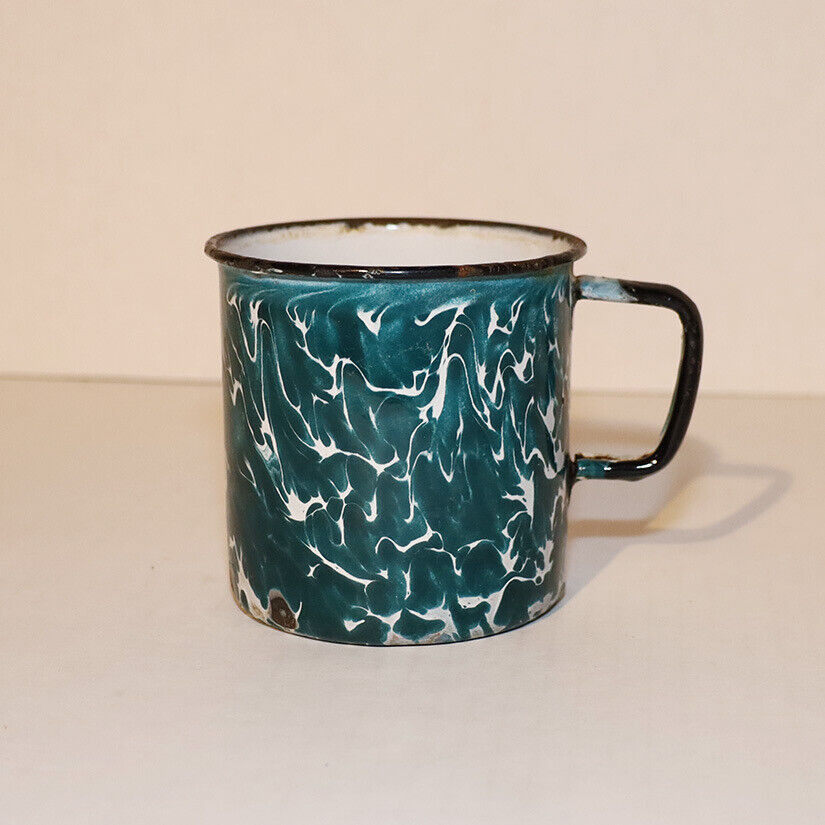 Vintage Forest Green White Swirl Graniteware Cup Mug