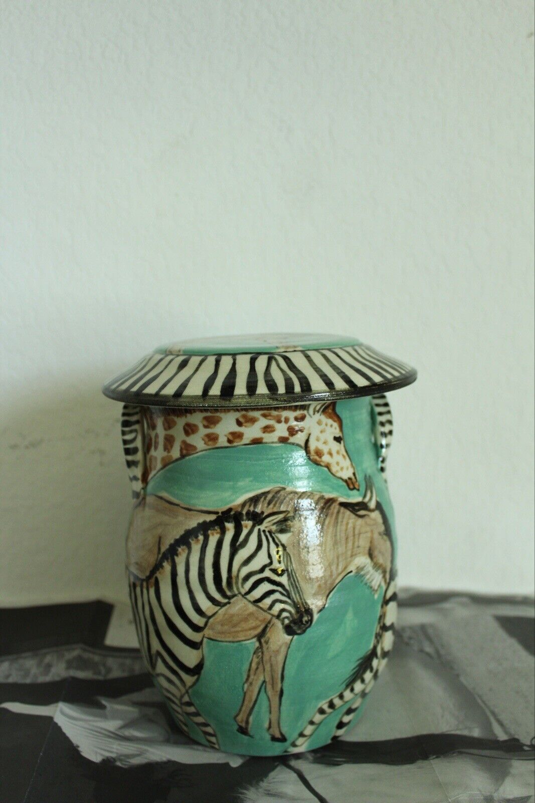 Signed Africa Animals Zebras Giraffe Pottery Jar/vase/canisters