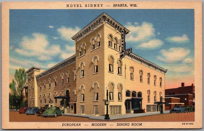 Sparta, Wisconsin Postcard HOTEL SIDNEY Street View / Curteich Linen 1942 Unused