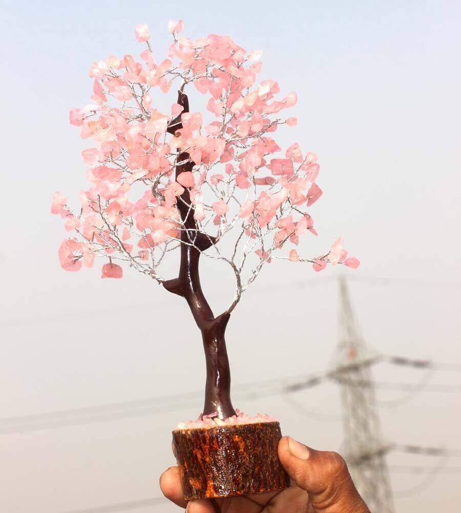 300+ Natural Rose Quartz Gemstones SIlver Branches Bonsai Money Tree 10.5\