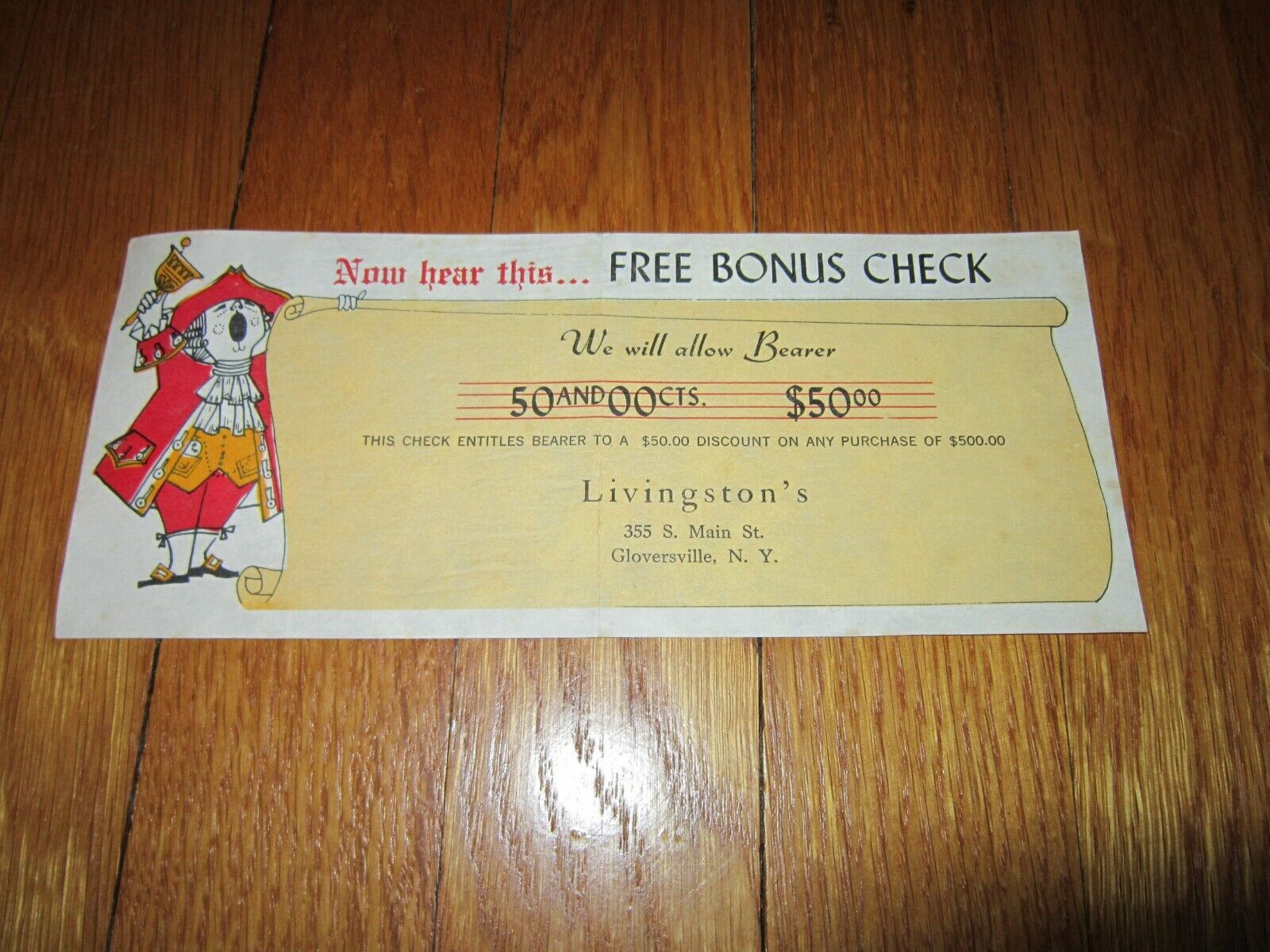 Gloversville NY Vintage Certificate Livingston\'s Store NO VALUE Collectible ONLY