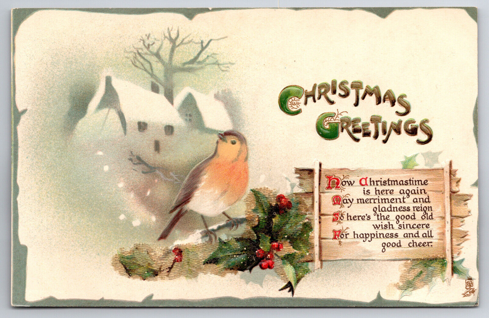 Vintage Christmas Postcard by Raphael Tuck, Robin, Holly, Christmas Scene