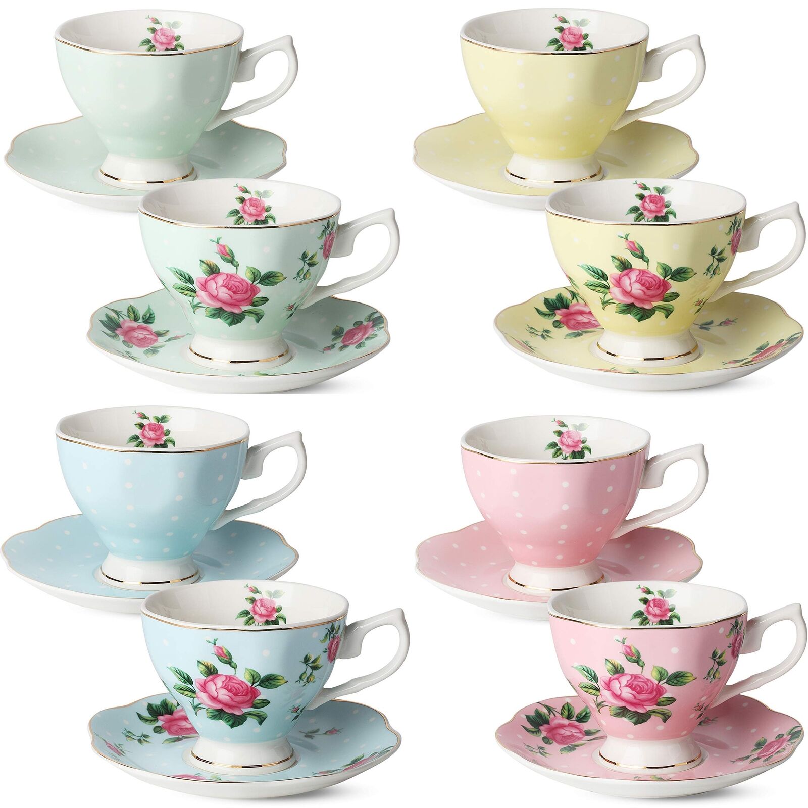 BTaT- Floral Tea Cups and Saucers, Set of 8 (8 oz), Gold Trim and Gift Box, C...