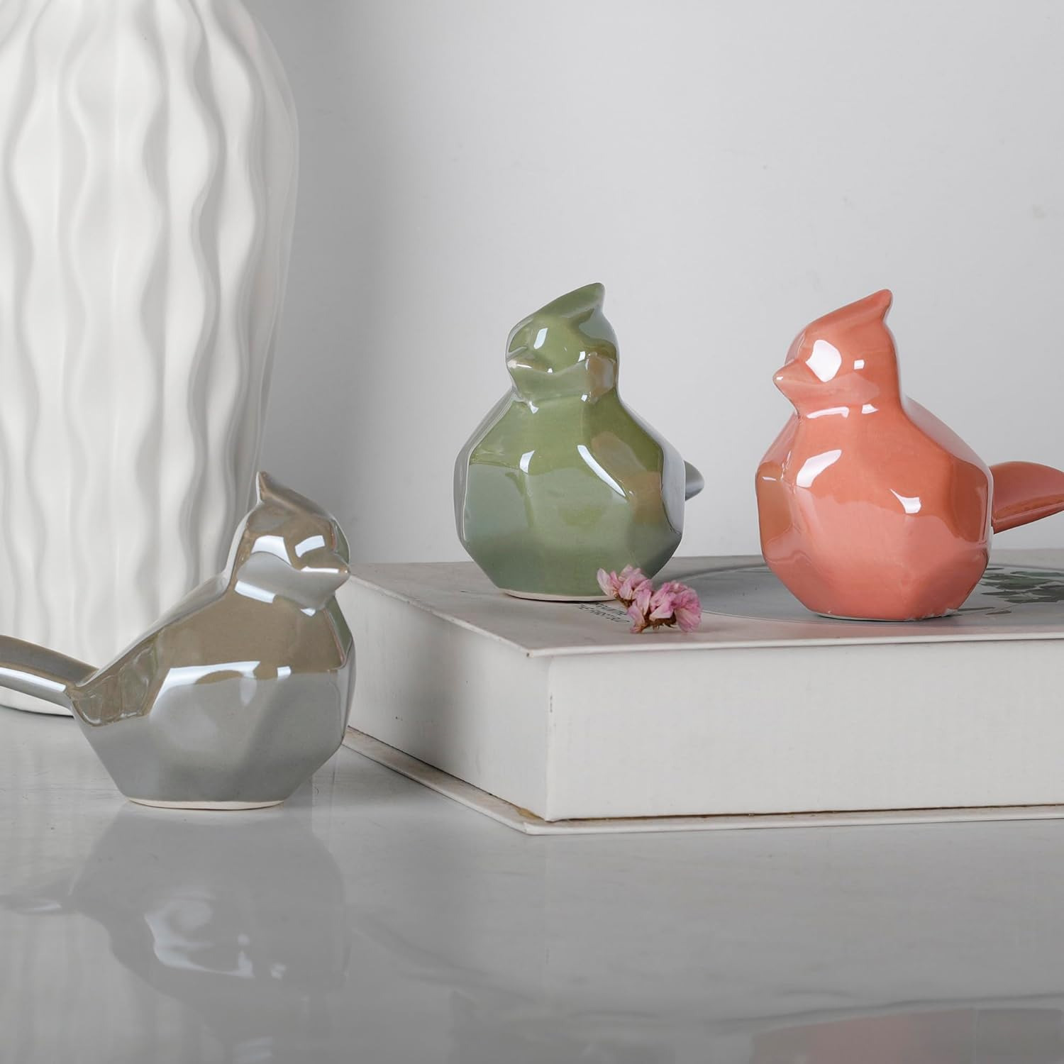 Set of 3 Ceramic Cardinal Bird Figurines Ornaments - Porcelain Bird Statue Gifts