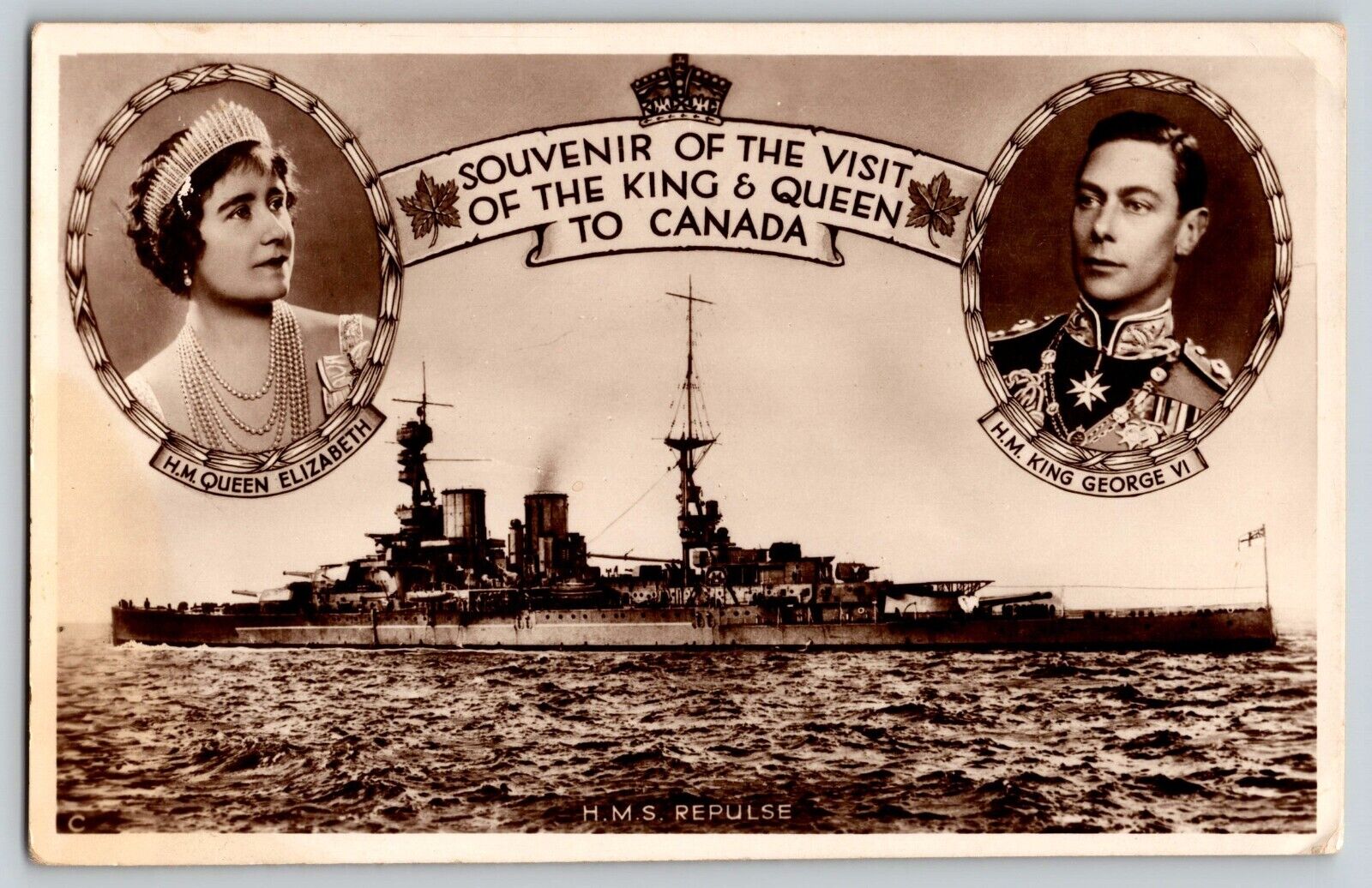 Postcard RPPC HMS Repulse - Souvenir Card of King & Queen Visit to Canada 1942