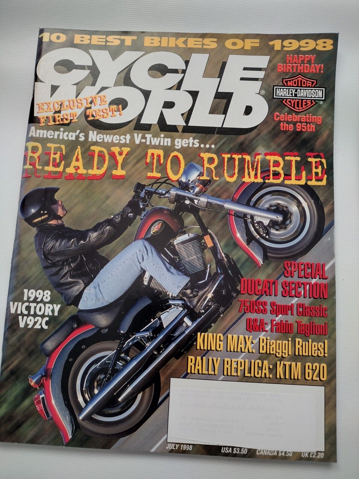 JULY 1998 CYCLE WORLD MAGAZINE, VICTORY V92C, DUCATI SPECIAL, HARLEY 95th #C 