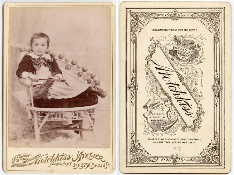 1892 CHILD W/ VIOLIN BY HOTCHKISS, NORWICH, NY, CABINET PHOTO
