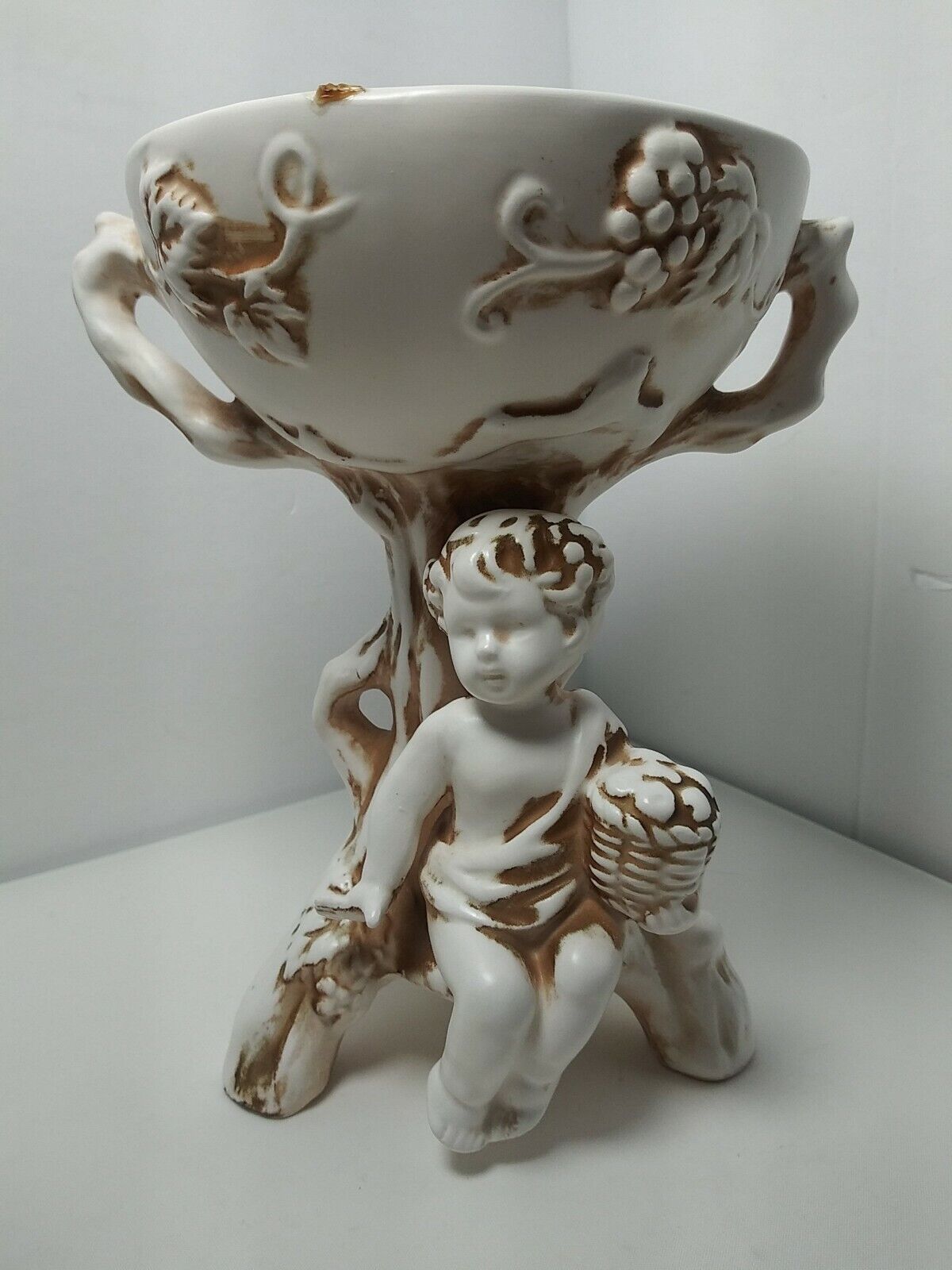 Vintage 1963 Ivory Planter Grape Vine Baby Holding Backet By Inarco Cleveland OH