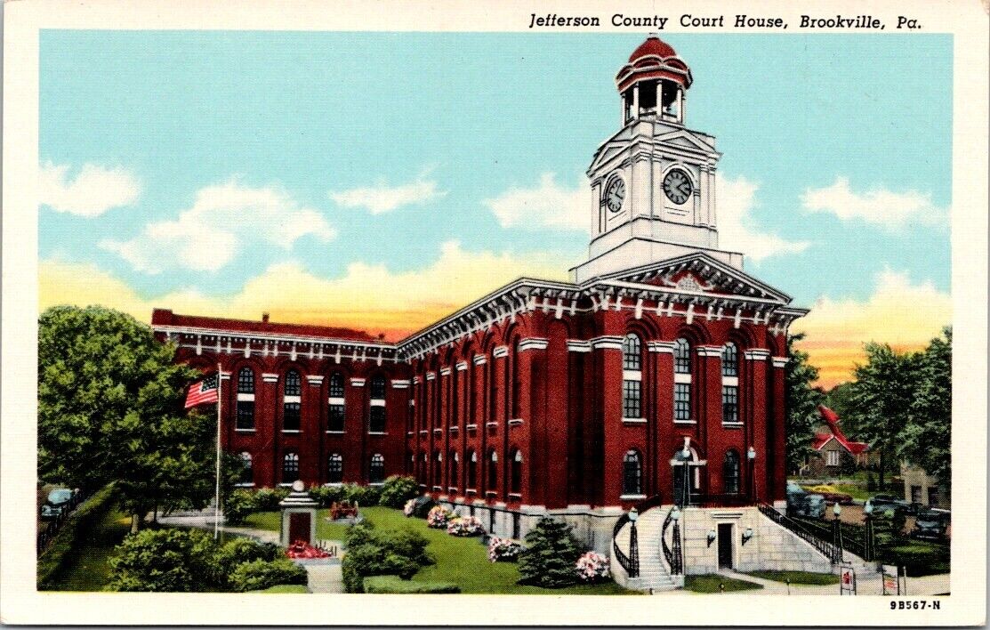 Brookville PA Jefferson County Court House US Flag 1949 Linen postcard FQ3