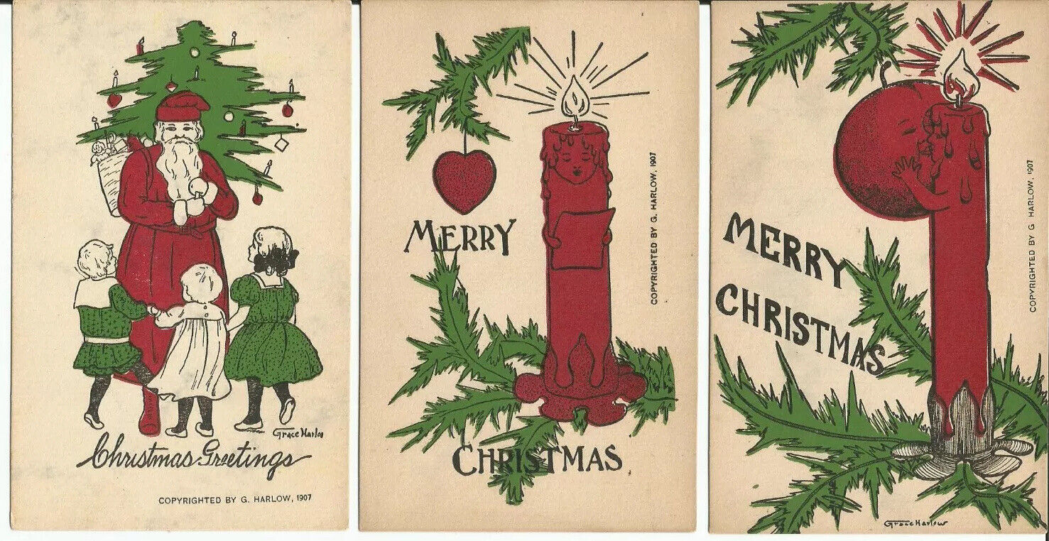 c.1907 EARLY SET OF 3 GRACE HARLOW CHRISTMAS POSTCARDS~FACE CANDLE