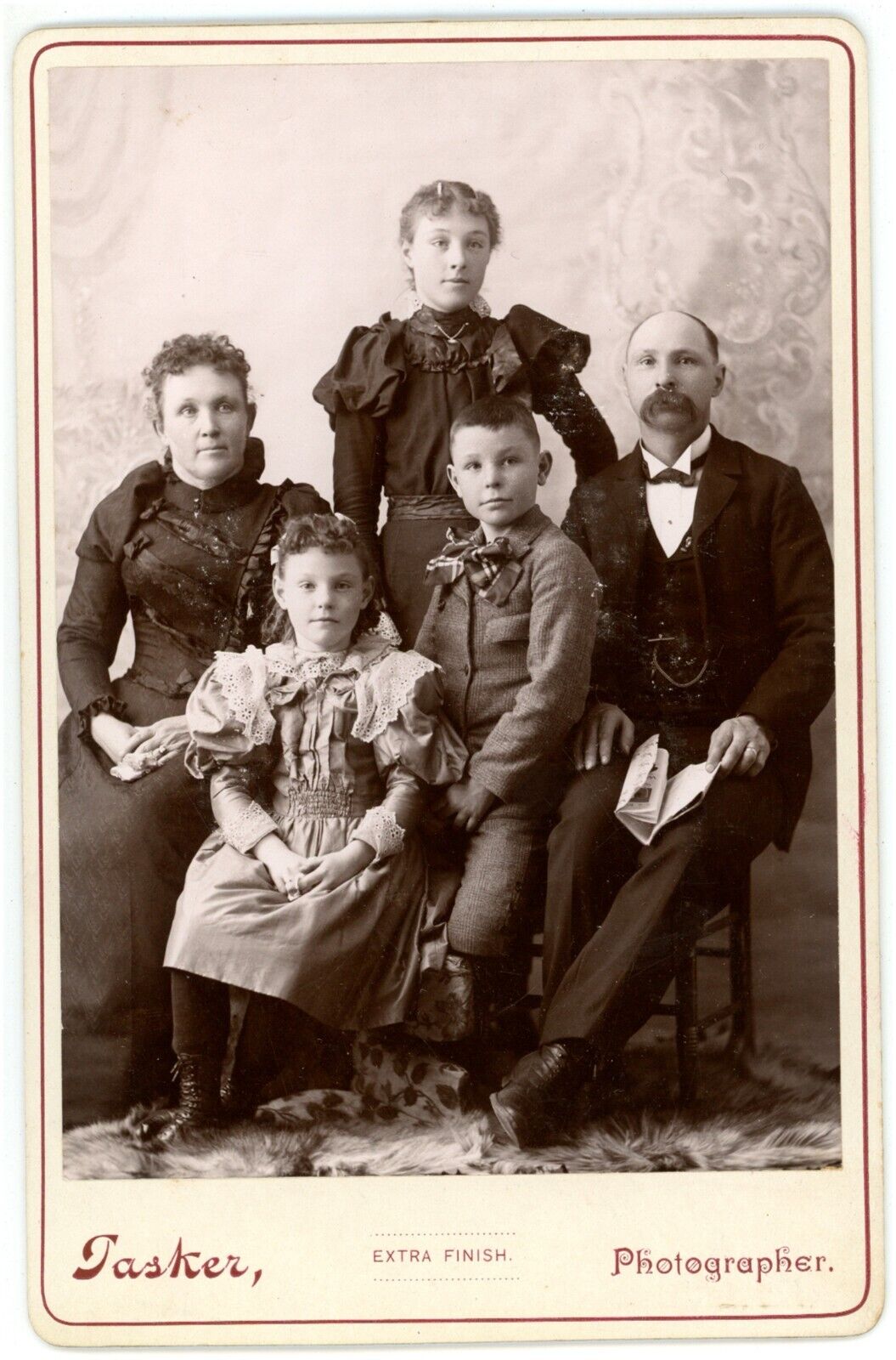 Antique c1880s Cabinet Card Tasker Amazing Photo Family of 5 Father Mustache