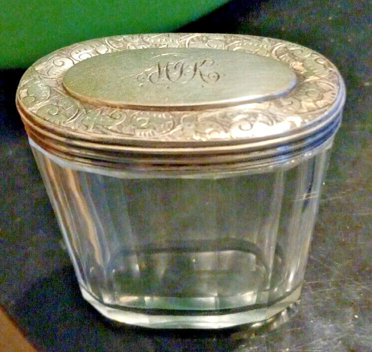 VICTORIAN English Crystal Toiletries Bottle Jar Sterling Silver Lid London 1889
