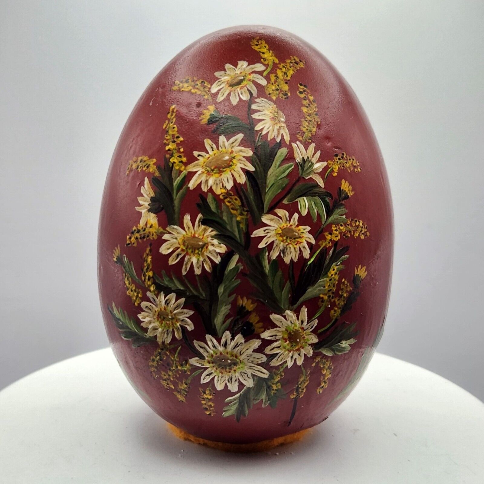 Vintage Large Artist Signed Handpainted Red White Green Floral Plaster Egg