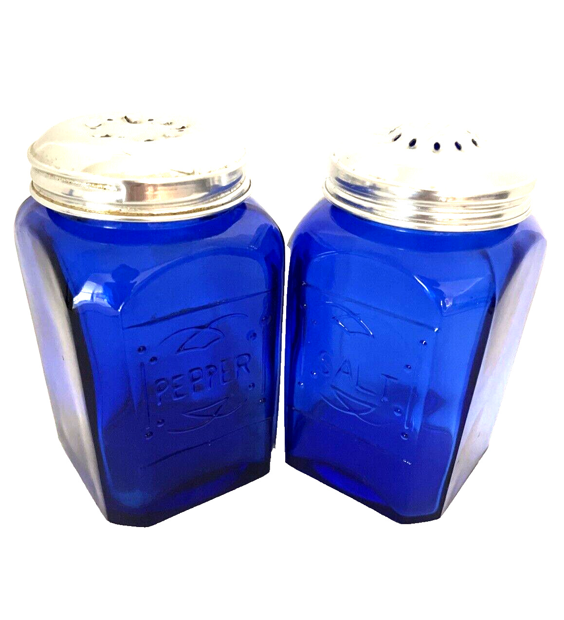 Vintage Cobalt Blue Glass Salt and Pepper Shakers Square Embossed 4”