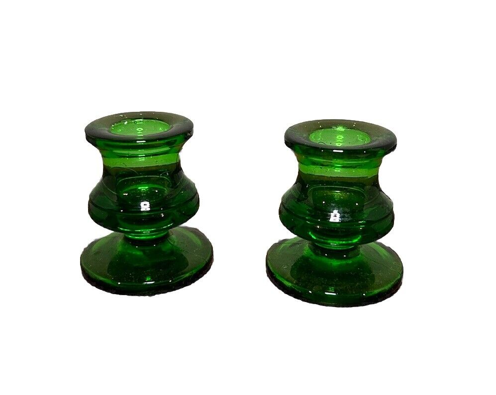 Colonial Festive Green Pressed Glass Candle Stick Holders