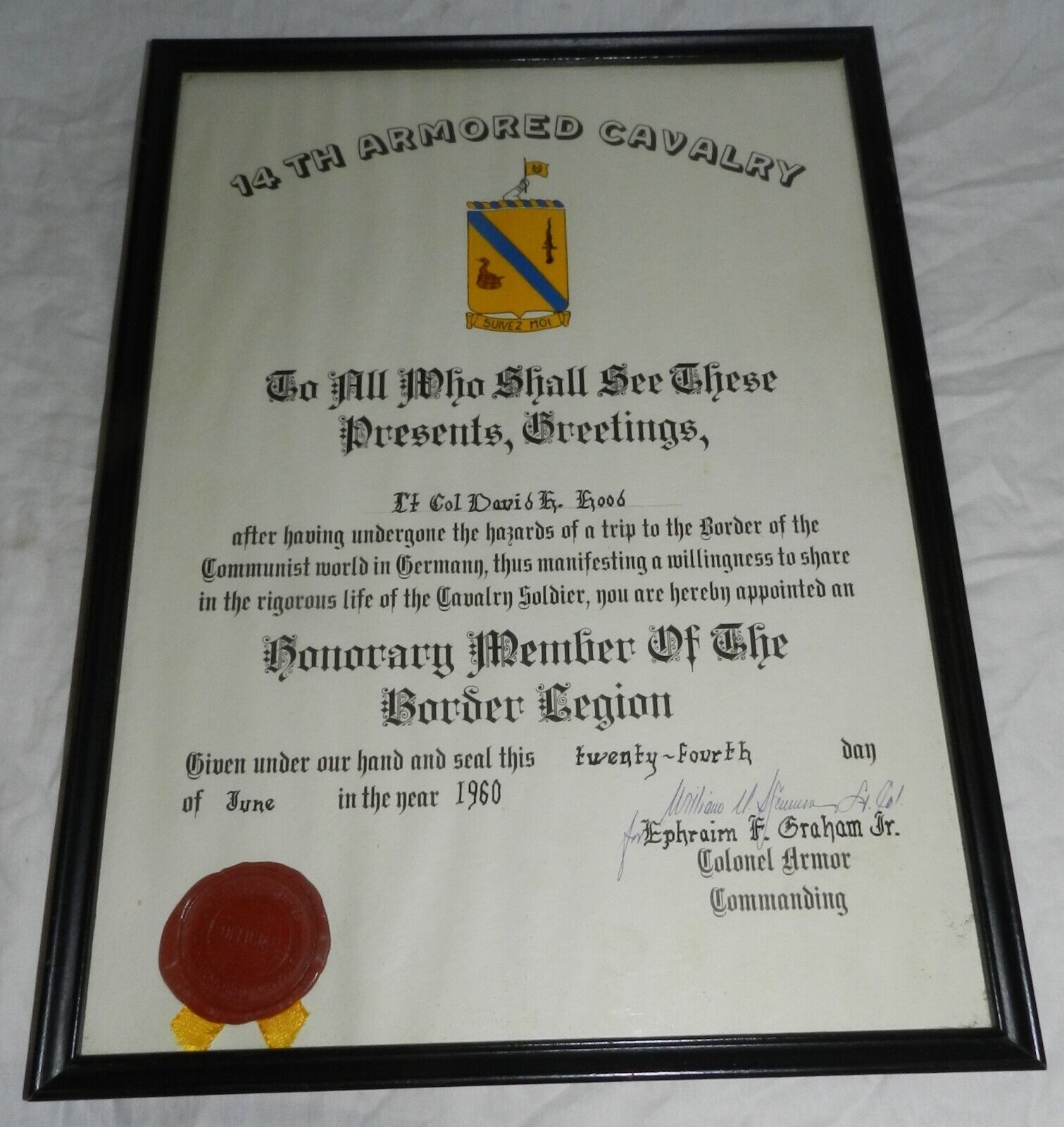 Framed 1960 Certificate with Seal - Honorary Member of the Border Legion