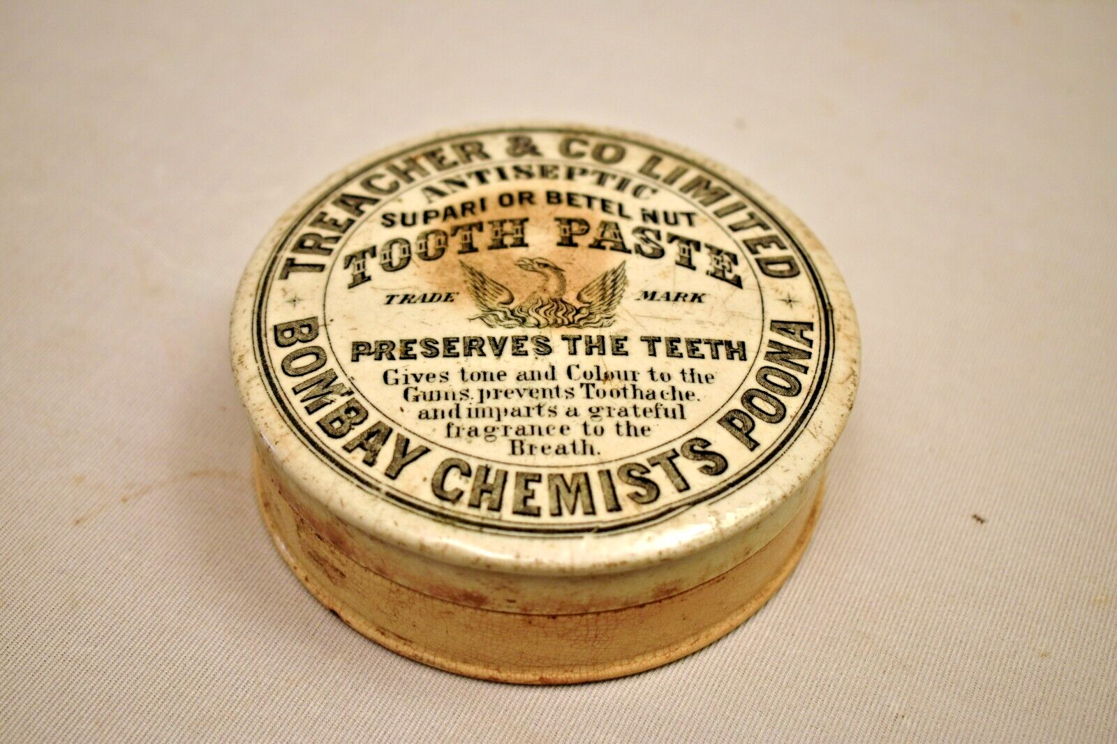 Antique Betel Nut Toothpaste Pot Treachers & Co Ltd Bombay Chemists Poona Supar