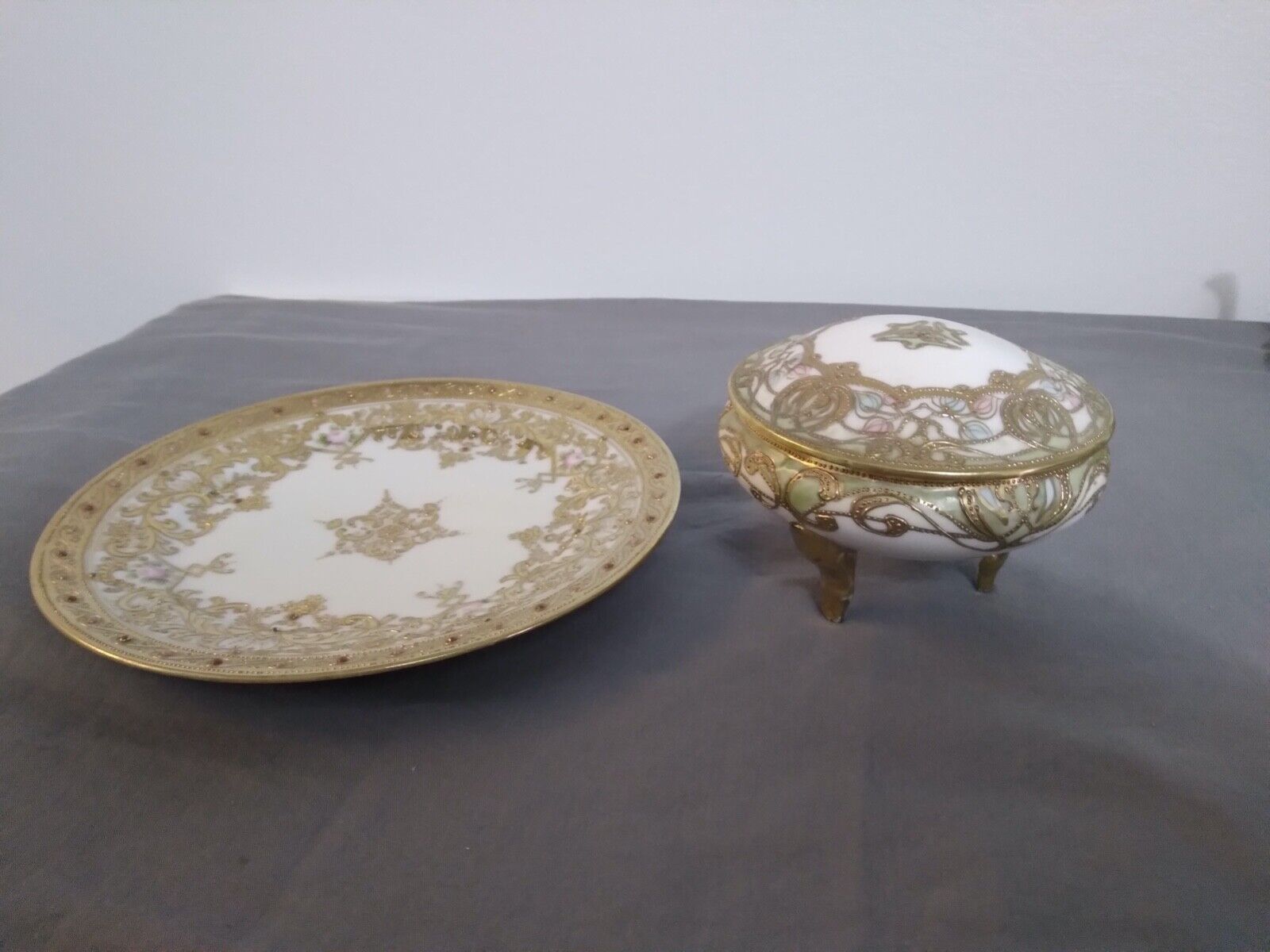 Antq. 2pc set, NORITAKE NIPPON Hand Painted Gilded Footed Trinket Dish & plate