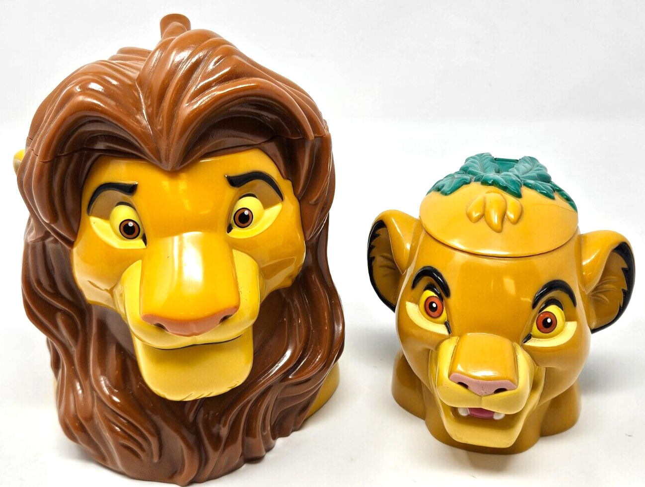 Vintage Lot of 2 Disney The Lion King Head Mug Cups Flip Top Mufasa & Simba