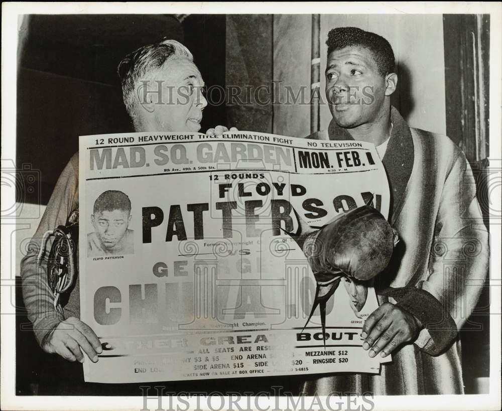 1965 Press Photo Former champ Floyd Patterson and Dan Florio hold boxing poster