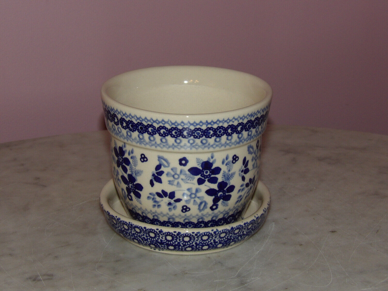 Polish Pottery Small Flower Pot with Saucer UNIKAT Signature Rembrandt in Blue