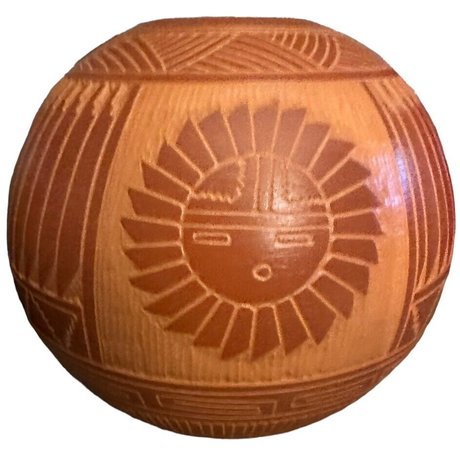 Native American Navajo Pottery Etched Red Clay Sunshine Pot Signed by Artisan 5”