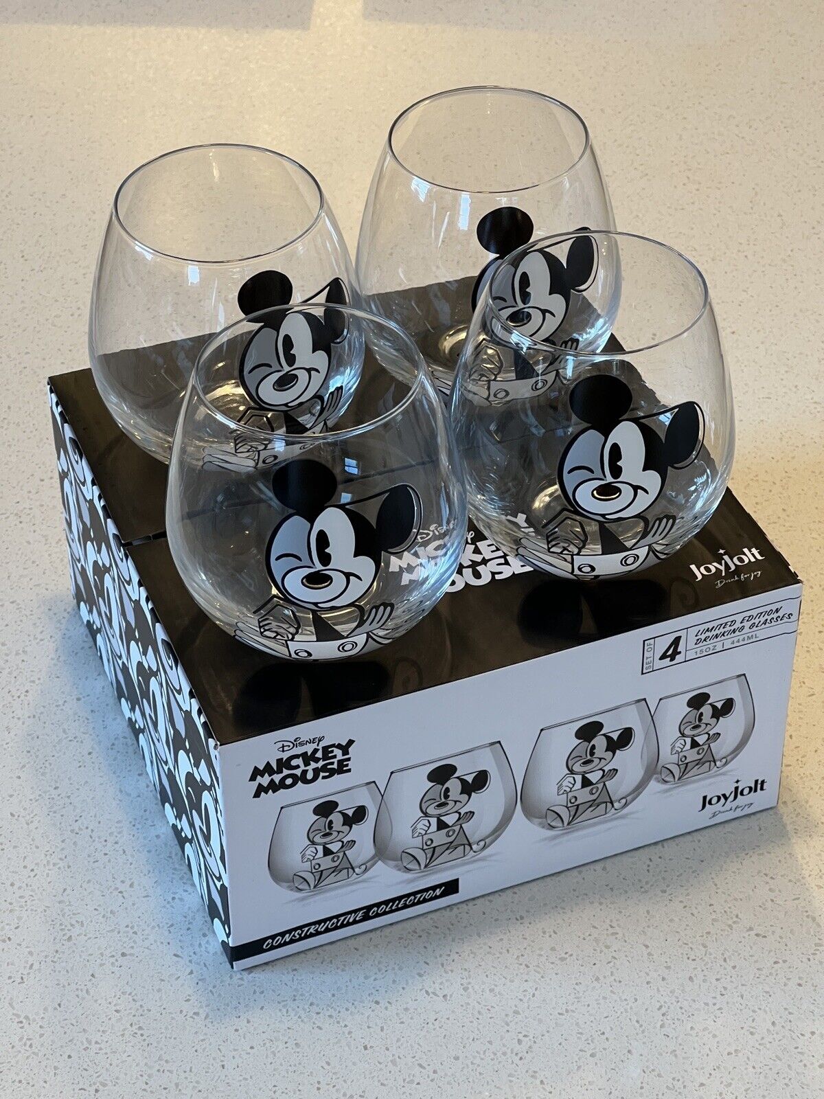 Joyjolt Disney MICKEY MOUSE CONSTRUCTIVE Drinking Glasses NIB Set Of 4