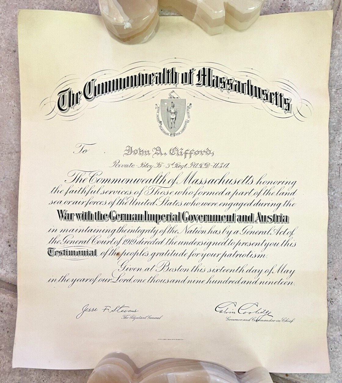 1919 WWI Commonwealth of Massachusetts Certificate of Military Service, Coolidge