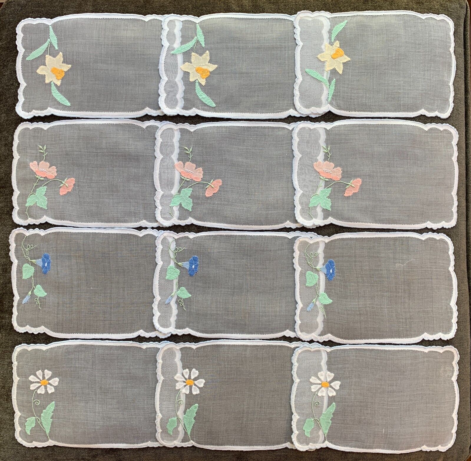 Vintage Cocktail Napkins Madeira Embroidered Flowers on Organdy  Rare Set of 12