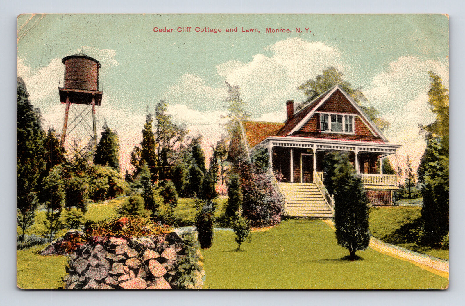 Cedar Cliff Cottage & Lawn Water Tower Well Monroe NY Rogers Drug Store Postcard