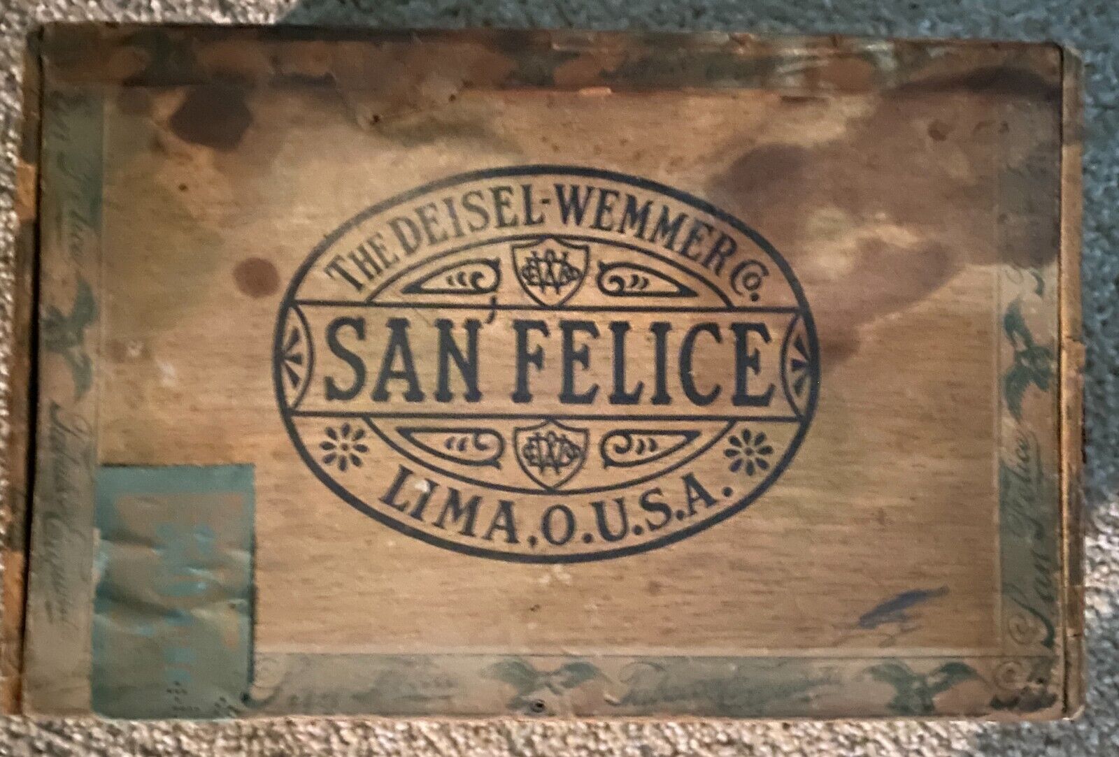 Vintage San Felice Wooden Cigar Box 5 cents The Deisel-Wemmer Co, Lima Oh