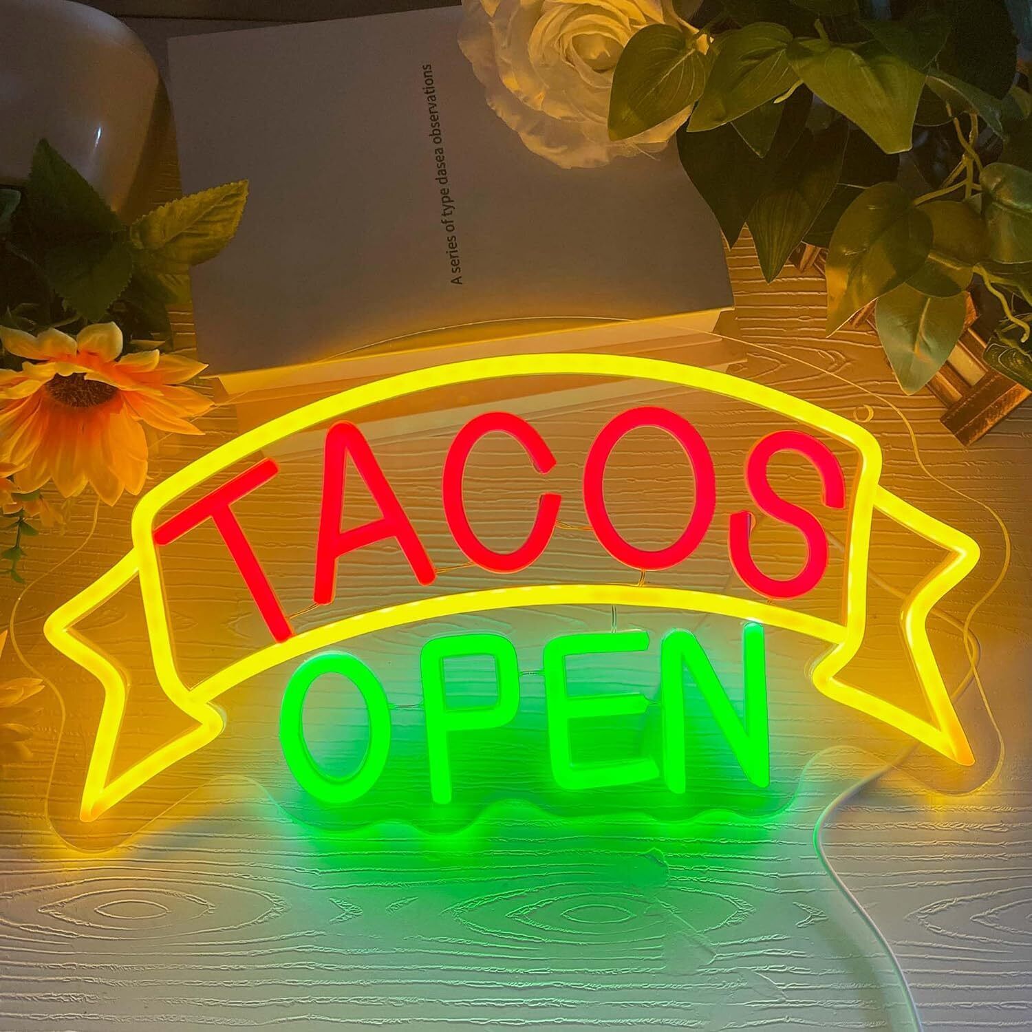 Allball Tacos Open Neon Signs for Wall Decor, LED Taco Red,Green,Yellow 